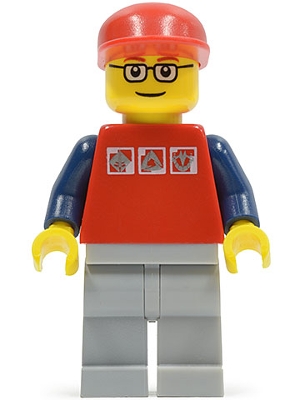 Red Shirt with 3 Silver Logos, Dark Blue Arms, Light Bluish Gray Legs, Glasses