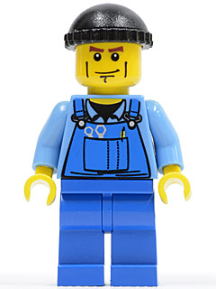 Overalls with Tools in Pocket Blue, Black Knit Cap, Cheek Lines