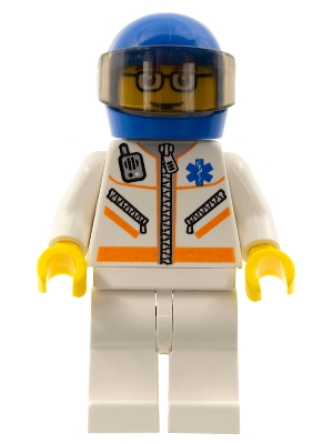 Doctor - Jacket with Zipper and EMT Star of Life - White Legs, Blue Helmet, Trans-Black Visor, Glasses and Brown Eyebrows