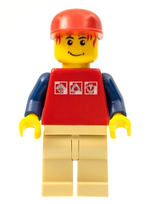 Red Shirt with 3 Silver Logos, Dark Blue Arms, Tan Legs, Messy Red Hair
