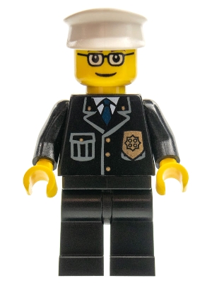 Policeman, Black Jacket with Pocket and Badge, White Hat, Glasses