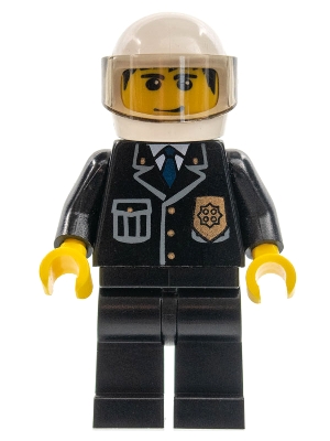 Police - City Suit with Blue Tie and Badge, Black Legs, White Helmet, Trans-Black Visor, Smile
