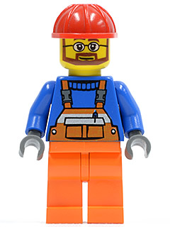 Overalls with Safety Stripe Orange, Orange Legs, Red Construction Helmet, Beard and Glasses