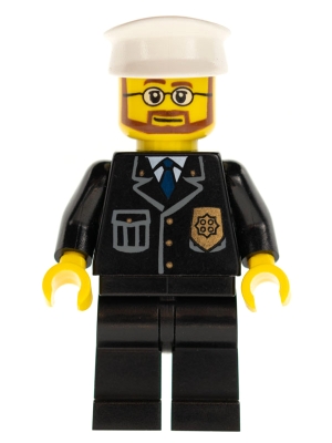 Police - City Suit with Blue Tie and Badge, Black Legs, White Hat, Beard and Glasses