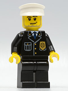 Police - City Suit with Blue Tie and Badge, Black Legs, White Hat, Smirk and Stubble Beard