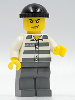 Police - Jail Prisoner 50380 Prison Stripes, Dark Bluish Gray Legs, Black Knit Cap, Angry Eyebrows and Scowl