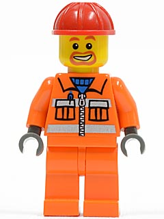 Construction Worker - Orange Zipper, Safety Stripes, Orange Arms, Orange Legs, Red Construction Helmet, Beard around Mouth