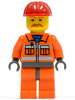 Construction Worker - Orange Zipper, Safety Stripes, Orange Arms, Orange Legs, Dark Bluish Gray Hips, Red Construction Helmet, Brown Moustache