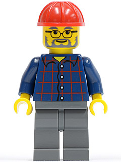 Plaid Button Shirt, Dark Bluish Gray Legs, Red Construction Helmet, Glasses, Gray Beard