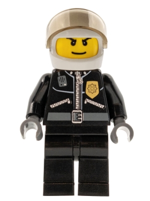 Policeman, Black Jacket with Zipper, Radio, and Badge, White Helmet and Visor, Printed Hair-line