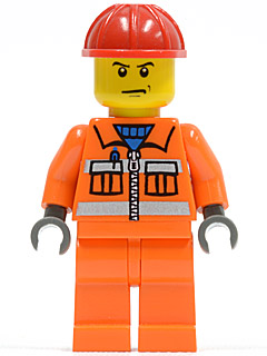 Construction Worker, Orange Jacket with Zipper and Reflective Stripes, Orange Legs, Red Hard Hat