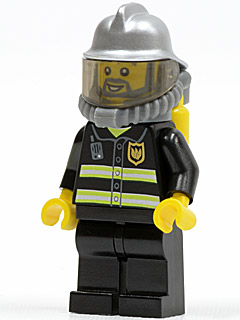 Fireman, Black Fire Jacket with Radio and Badge, Silver Helmet with Visor, Airtanks, Breathing Apparatus, Beard