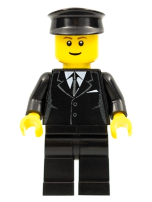 Suit Black, Black Police Hat, Brown Eyebrows, Thin Grin
