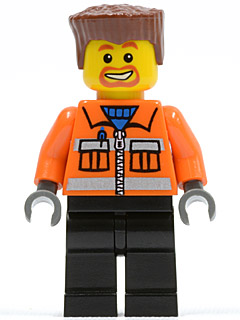 Construction Worker - Orange Zipper, Safety Stripes, Orange Arms, Black Legs, Reddish Brown Flat Top Hair, Beard around Mouth