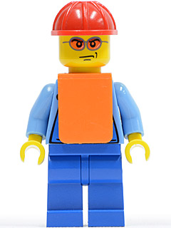 Man, Blue Overalls over Shirt, Red Hard Hat, Orange Vest, Orange Sunglasses