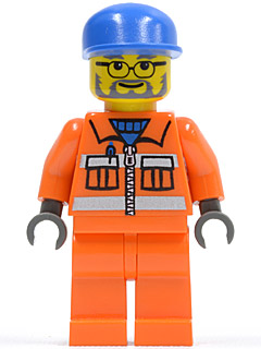 Construction Worker in Orange Jacket with Zipper and Reflective Stripes, Blue Cap, Gray Beard
