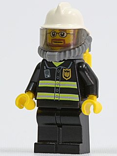 Fire - Reflective Stripes, Black Legs, White Fire Helmet, Breathing Neck Gear with Air Tanks, Yellow Hands, Beard and Glasses