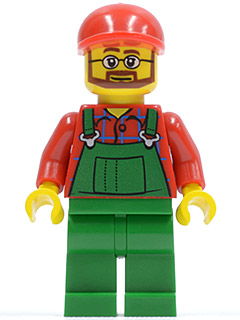 Overalls Farmer Green, Red Short Bill Cap, Beard and Glasses