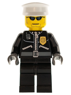 Police - City Leather Jacket with Gold Badge, White Hat, Dark Blue Sunglasses