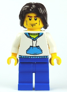 White Hoodie with Blue Pockets, Blue Legs, Dark Brown Mid-Length Tousled Hair