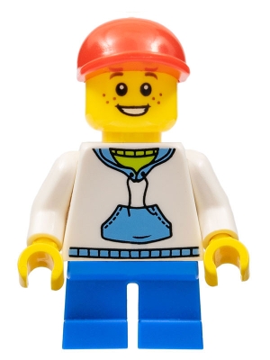 Boy, White and Blue Hoodie, Short Blue Legs, Red Cap