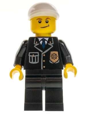 Police - City Suit with Blue Tie and Badge, Black Legs, White Short Bill Cap, Crooked Smile