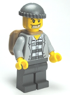 Police - Jail Prisoner Jacket over Prison Stripes, Dark Bluish Gray Legs, Dark Bluish Gray Knit Cap, Gold Tooth, Backpack