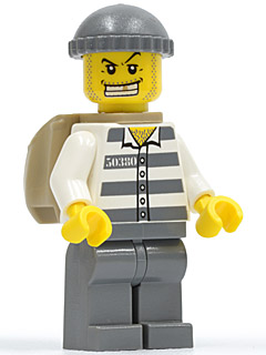 Police - Jail Prisoner 50380 Prison Stripes, Dark Bluish Gray Legs, Dark Bluish Gray Knit Cap, Gold Tooth, Backpack