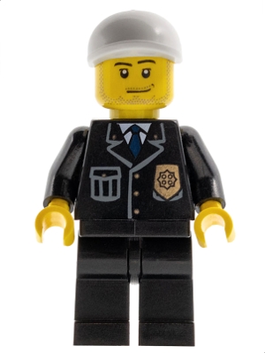 Police - City Suit with Blue Tie and Badge, Black Legs, White Short Bill Cap, Smirk and Stubble Beard