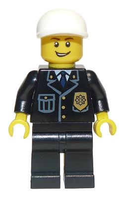 Police - City Suit with Blue Tie and Badge, Black Legs, White Short Bill Cap, Open Grin