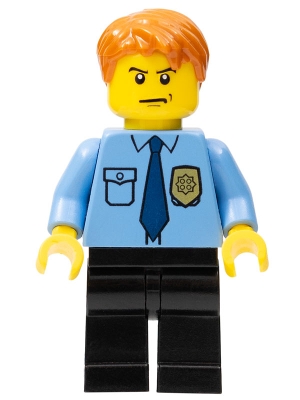 Police - City Shirt with Dark Blue Tie and Gold Badge, Black Legs, Dark Orange Short Tousled Hair