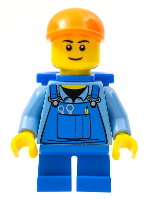 Boy, Blue Overalls, Short Blue Legs, Orange Cap, Black Eyebrows