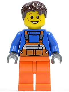 Overalls with Safety Stripe Orange, Orange Legs, Dark Brown Tousled Hair, Open Grin and Freckles