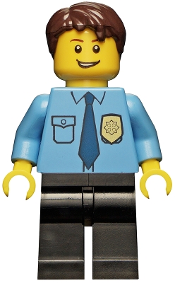 Police - City Shirt with Dark Blue Tie and Gold Badge, Black Legs, Dark Brown Short Tousled Hair