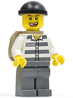 Police - Jail Prisoner 50380 Prison Stripes, Dark Bluish Gray Legs, Black Knit Cap, Missing Tooth, Backpack