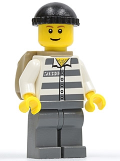 Police - Jail Prisoner 50380 Prison Stripes, Dark Bluish Gray Legs, Black Knit Cap, Reddish Brown Eyebrows, Thin Grin, Backpack