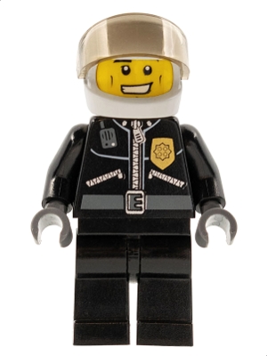 Police - City Leather Jacket with Gold Badge and 'POLICE' on Back, White Helmet, Trans-Black Visor