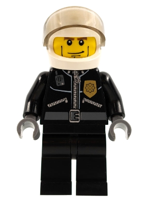 Police - City Leather Jacket with Gold Badge and 'POLICE' on Back, White Helmet, Trans-Black Visor, Cheek Lines