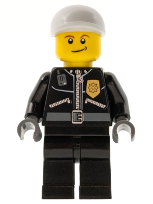 Police - City Leather Jacket with Gold Badge and 'POLICE' on Back, White Short Bill Cap, Lopsided Smile