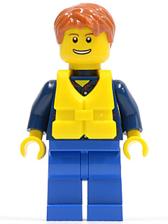 Man, Dark Blue Plaid Shirt, Blue Legs, Dark Orange Hair, Yellow Life Vest
