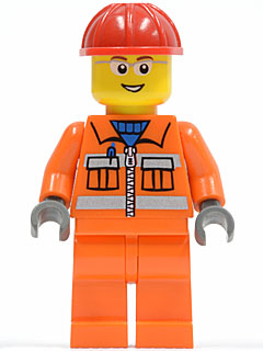 Construction Worker - Orange Zipper, Safety Stripes, Orange Arms, Orange Legs, Red Construction Helmet, Glasses with Gray Side Frames (Crane Operator)