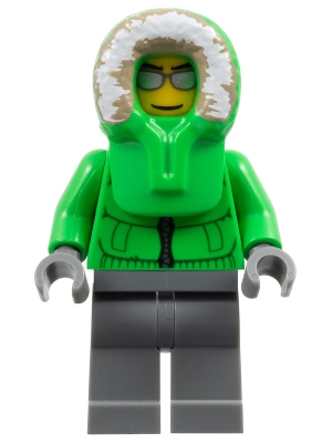 Man, Green Jacket, Dark Bluish Gray Legs, Hood, Silver Sunglasses