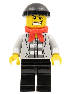 Criminal, Open Light Bluish Gray Jacket over Prison Shirt, Black Hat, Red Scarf, Gold Tooth