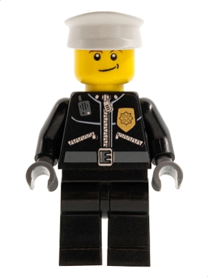 Policeman, Black Jacket with Zipper, Radio, Badge, and 'POLICE' on Back, White Hat