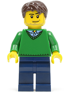 Green V-Neck Sweater, Dark Blue Legs, Dark Brown Short Tousled Hair, Smirk and Stubble Beard