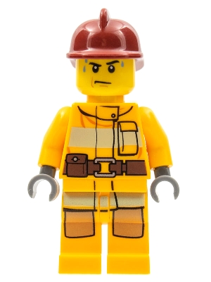 Fire - Bright Light Orange Fire Suit with Utility Belt, Dark Red Fire Helmet, Sweat Drops