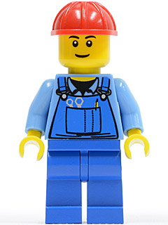Overalls with Tools in Pocket Blue, Red Construction Helmet, Black Eyebrows, Thin Grin