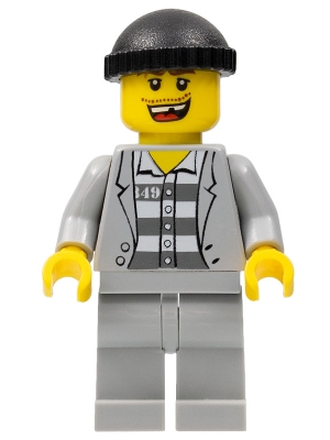 Criminal, Open Light Bluish Gray Jacket over Prison Shirt, Light Bluish Gray Legs, Black Hat, Missing Tooth