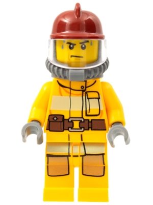 Fire - Bright Light Orange Fire Suit with Utility Belt, Dark Red Fire Helmet, Yellow Air Tanks, Sweat Drops