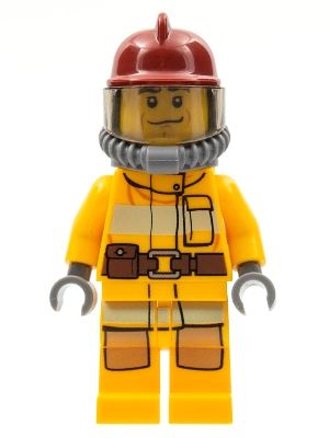 Fire - Bright Light Orange Fire Suit with Utility Belt, Dark Red Fire Helmet, Yellow Air Tanks, Black Eyebrows, Chin Dimple